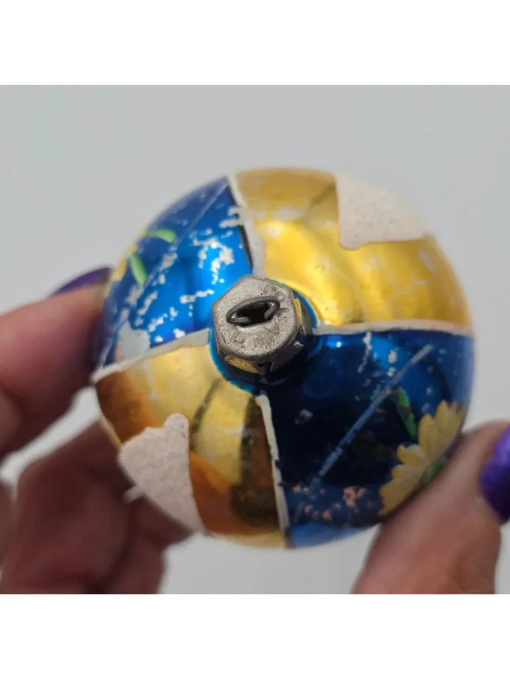 Vintage Poland Glass Ornament Ball Floral Blue Gold Christmas 2.5